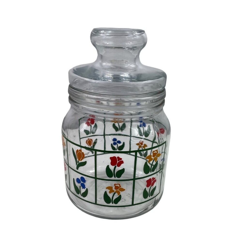 1983 Anchor Hocking Nina Glass Canister w/Colorful Tulips & Glass Lid